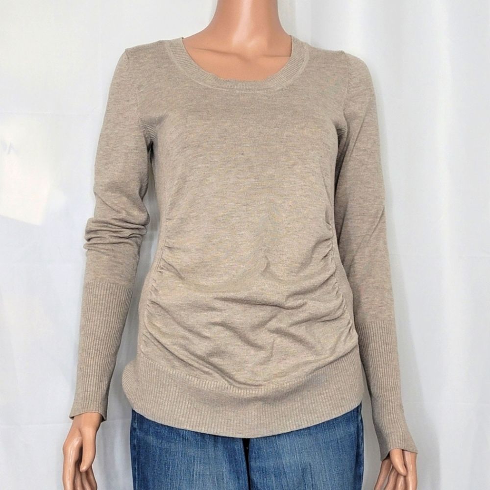 T/O Beige Long Sleeve Tee w/purple bow, Sz.Med